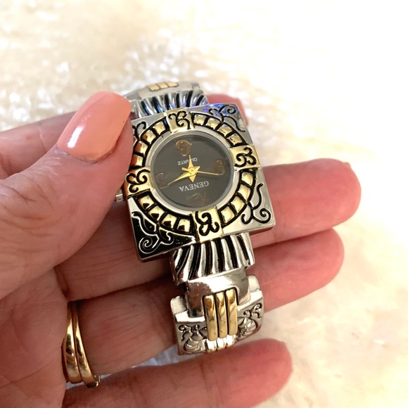 Silver & Gold Cuff Watch Geneva bracelet watch mixed metal - Picture 10 of 11